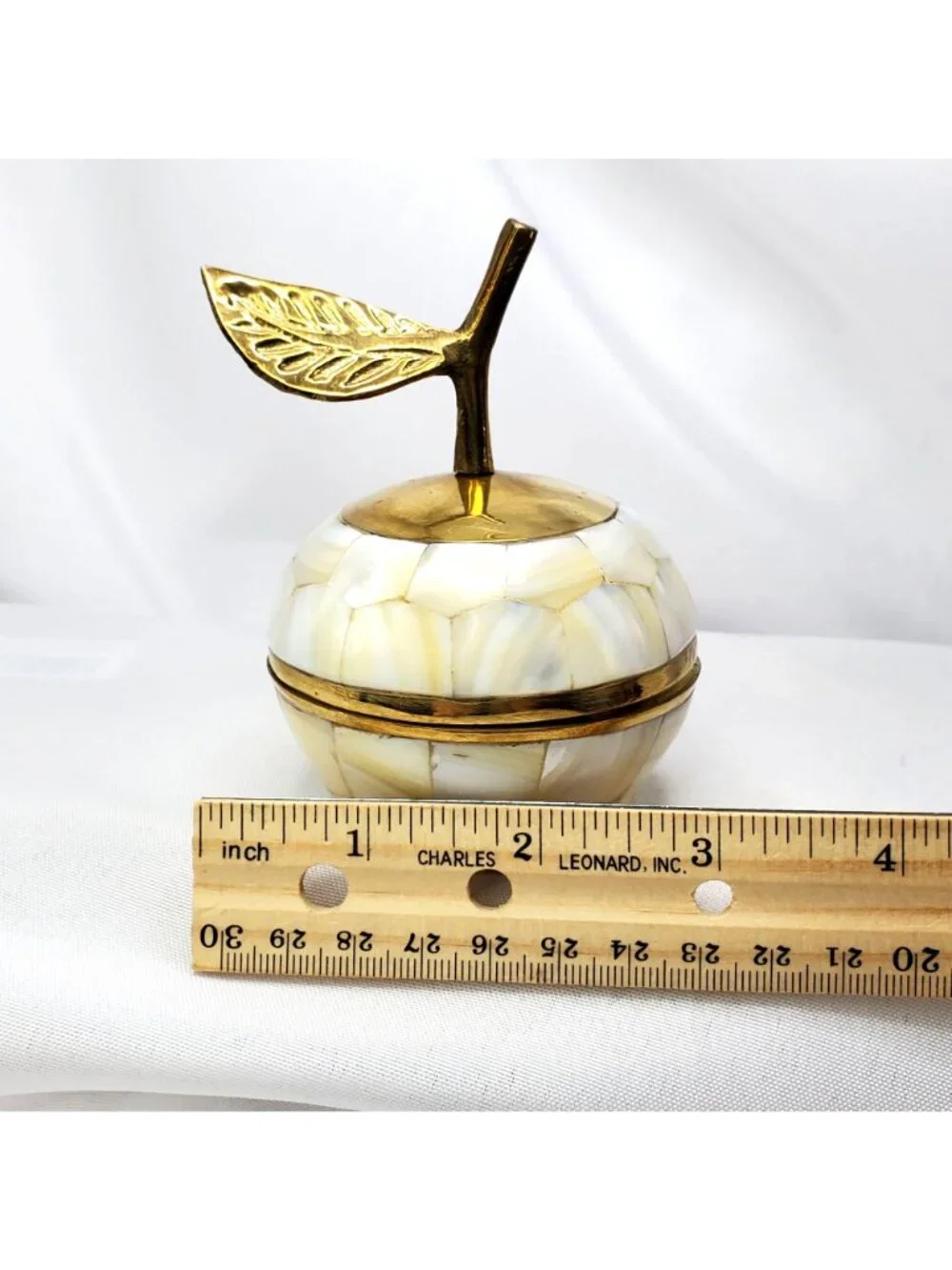 Mother Of Pearl and Brass Decorative Apple Trinket Box Lid And Leaf Accent
